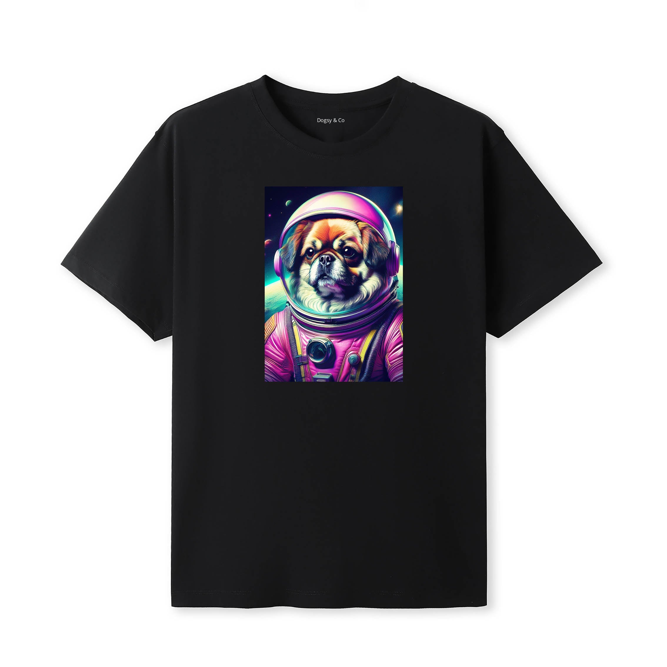 Pekingese Space Dogs T-Shirt colourful astronaut dog artwork in a retro space design