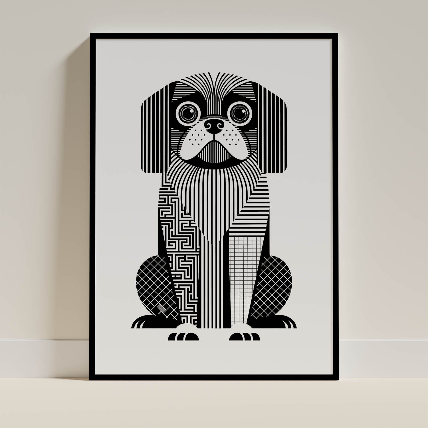 Pekingese Geometric Line Art Print - Framed Mockup