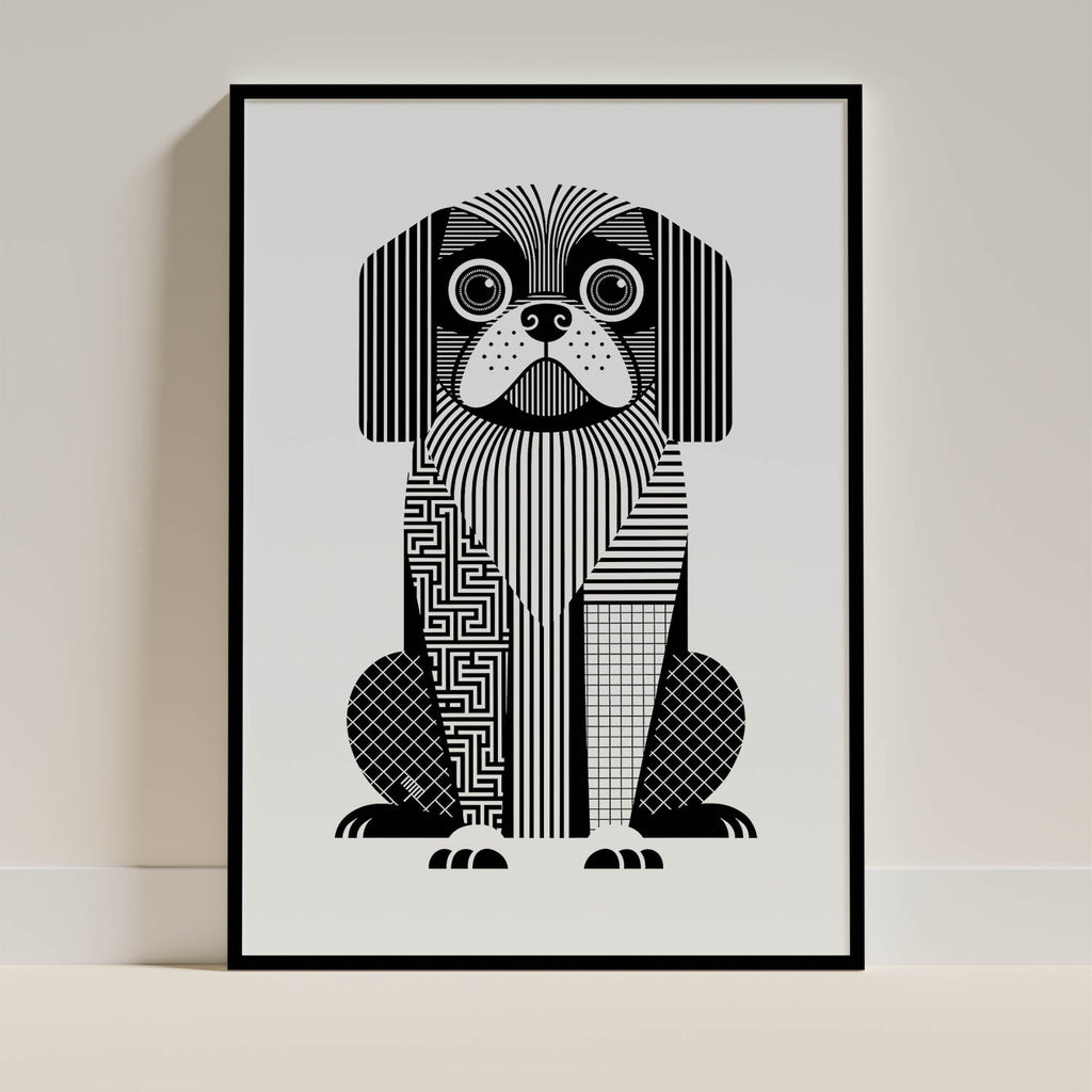 Pekingese Geometric Line Art - Black Frame Mockup