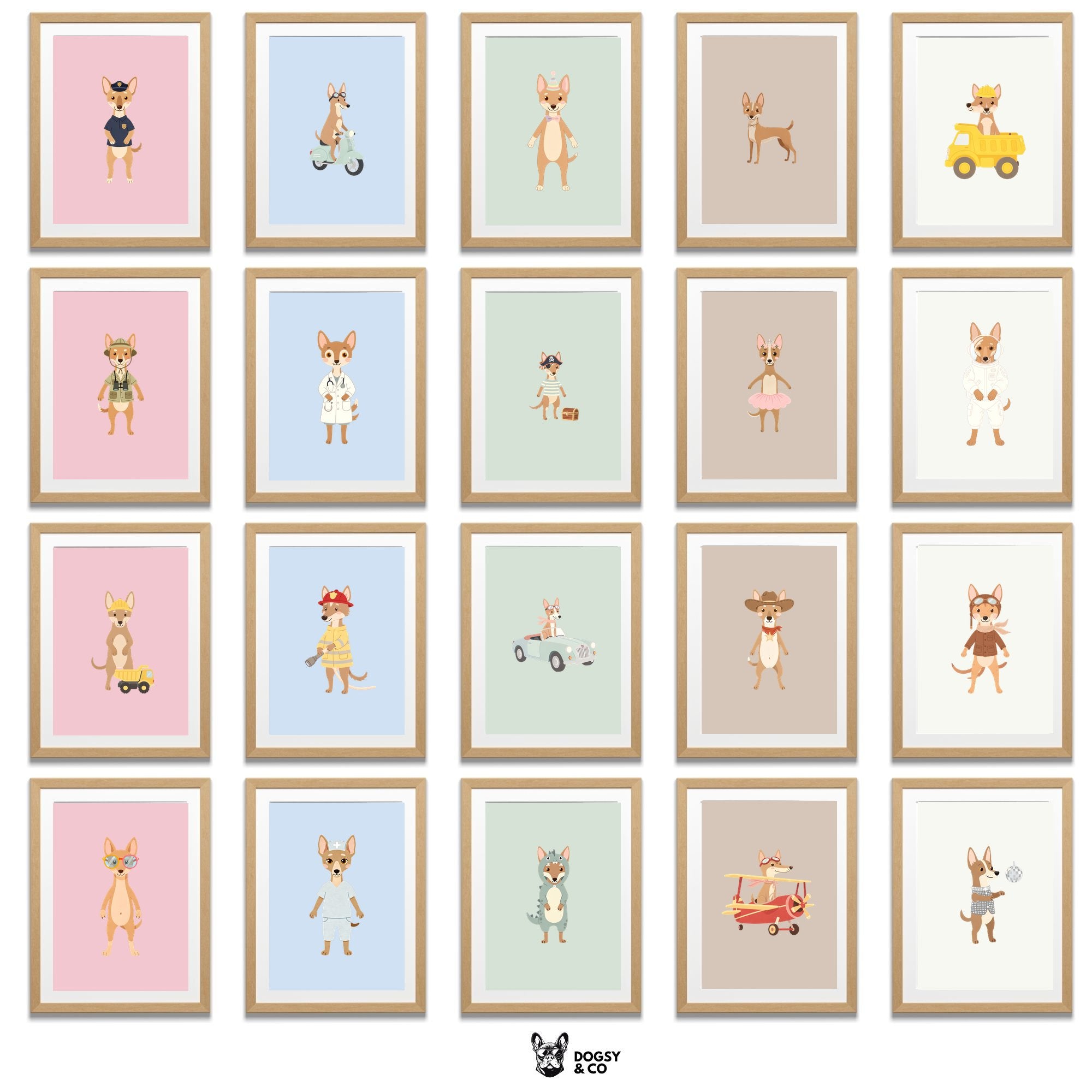 Pharaoh Hound Kids Nursery Wall Art Print Bundle — 22 Dog Costume Designs, 5 Colours, 6 Print Sizes | Digital Download