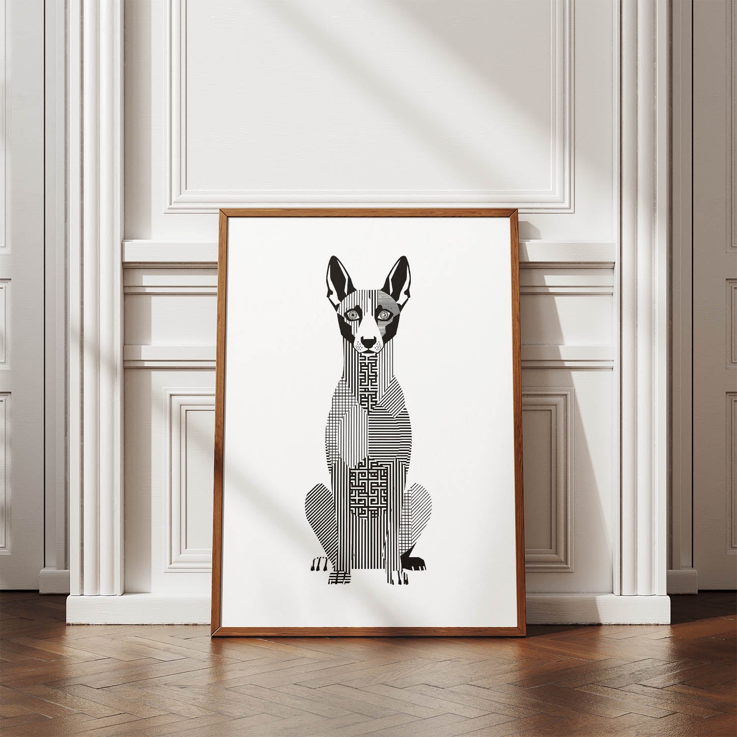 Pharaoh Hound Geometric Line Art Print - Framed Mockup
