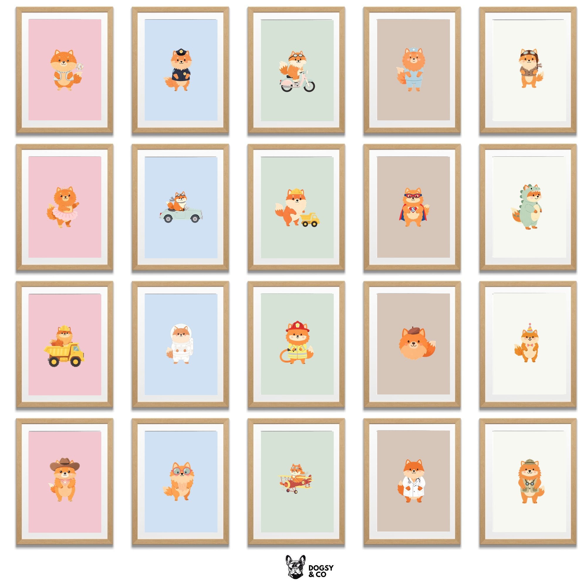 Pomeranian Kids Nursery Wall Art Print Bundle — 22 Dog Costume Designs, 5 Colours, 6 Print Sizes | Digital Download