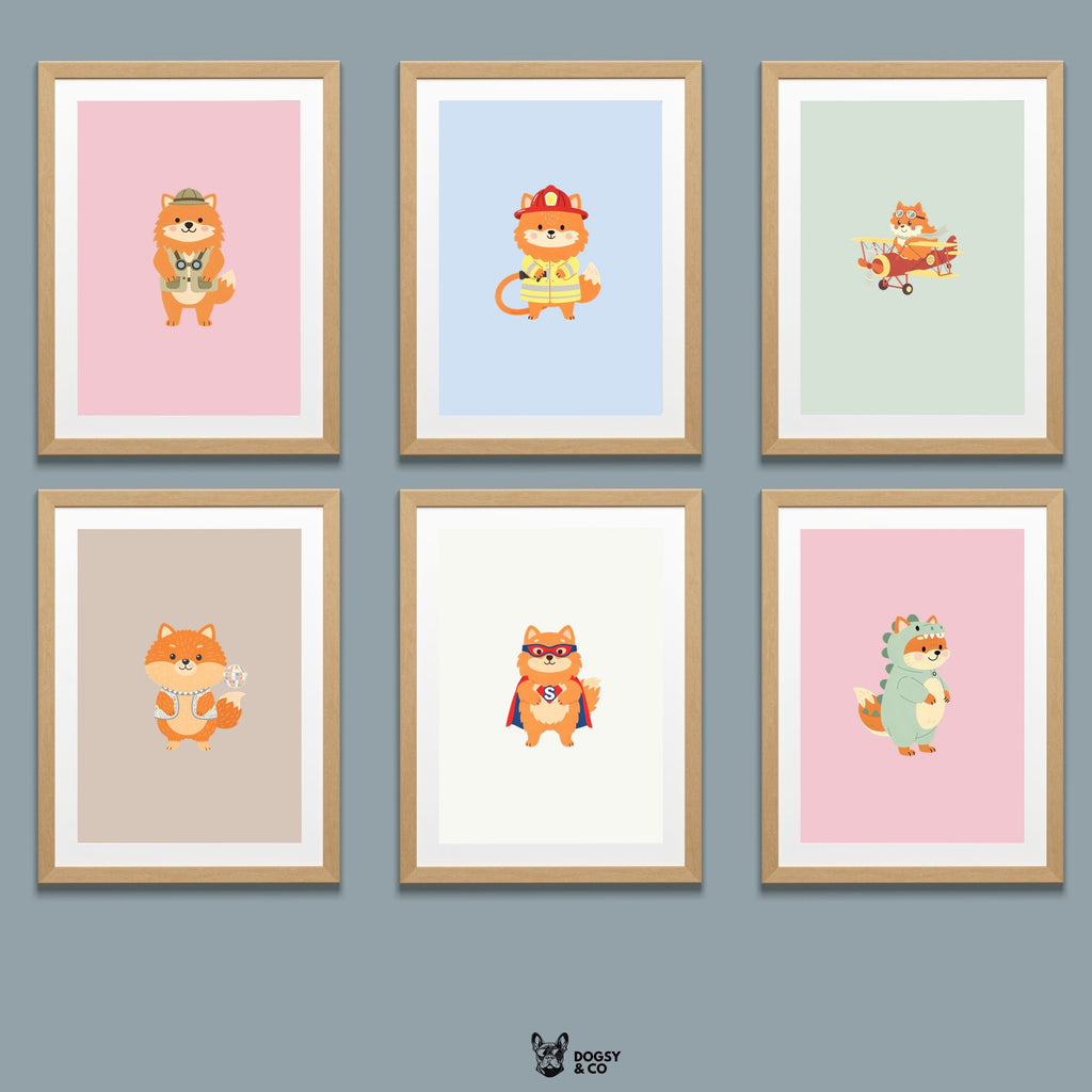 Pomeranian Kids Nursery Wall Art Print Bundle — 22 Dog Costume Designs, 5 Colours, 6 Print Sizes | Digital Download