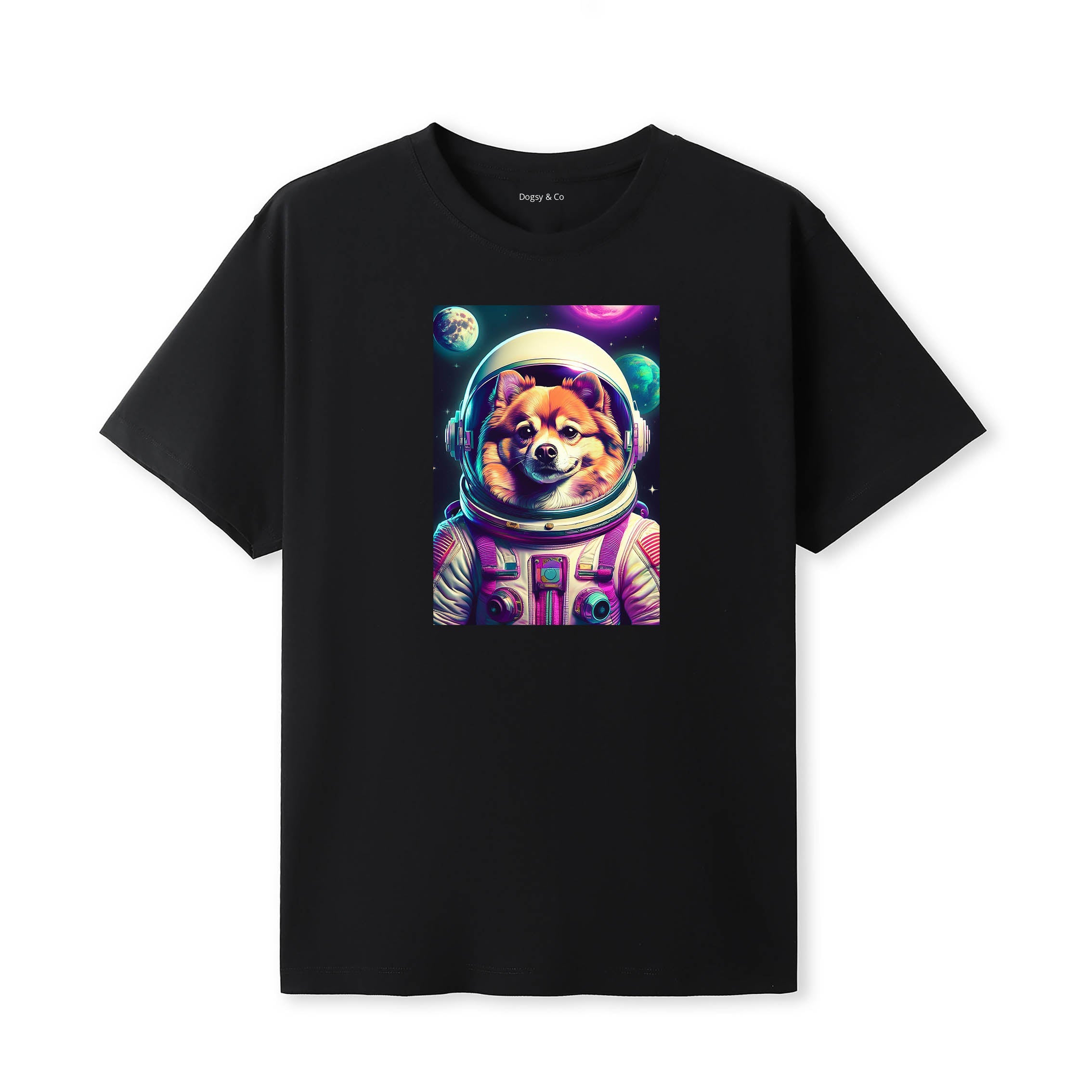 Pomeranian Space Dogs T-Shirt colourful astronaut dog artwork in a retro space design