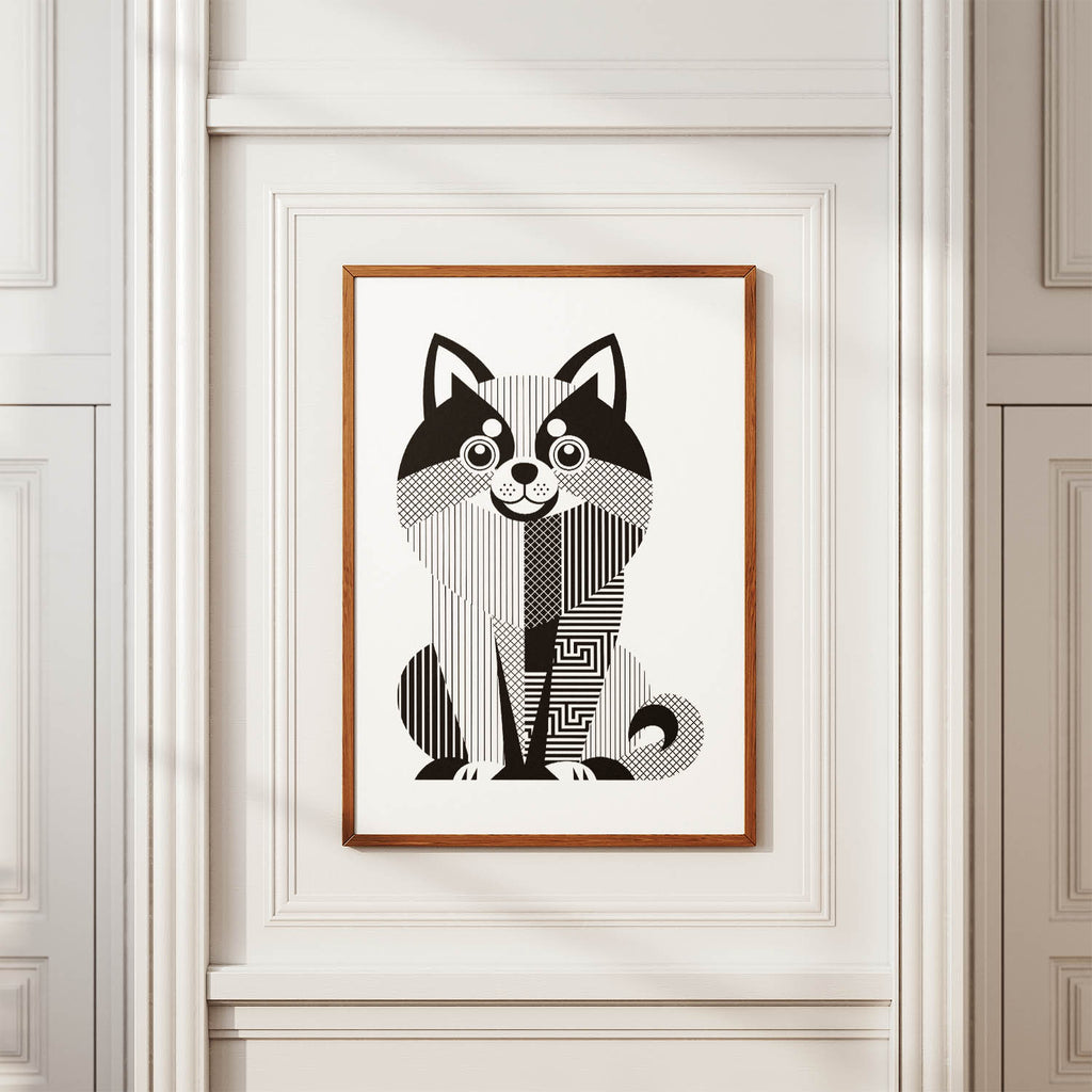 Pomeranian Geometric Line Art Print - Framed Mockup