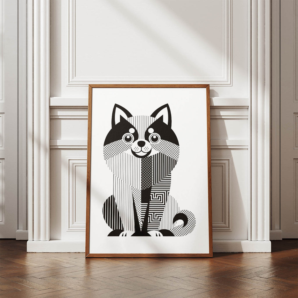 Pomeranian Geometric Line Art Print - Framed Mockup