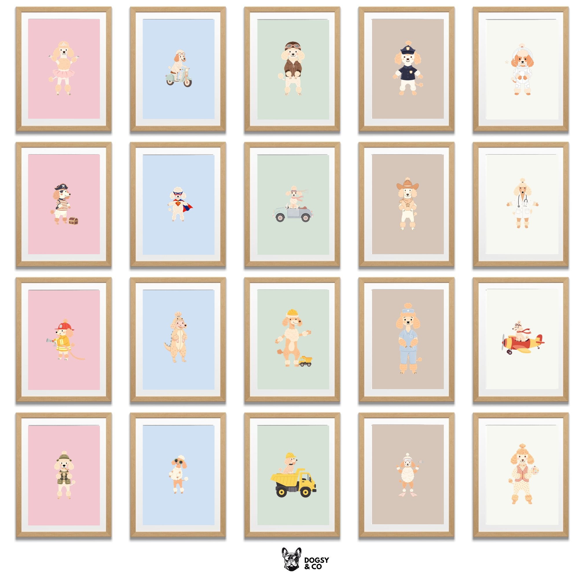 Poodle Kids Nursery Wall Art Print Bundle — 22 Dog Costume Designs, 5 Colours, 6 Print Sizes | Digital Download