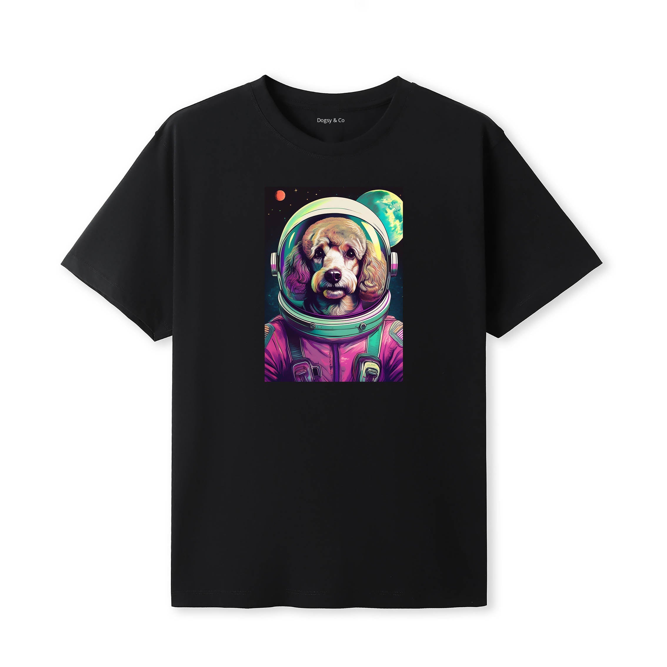 Poodle Space Dogs T-Shirt colourful astronaut dog artwork in a retro space design