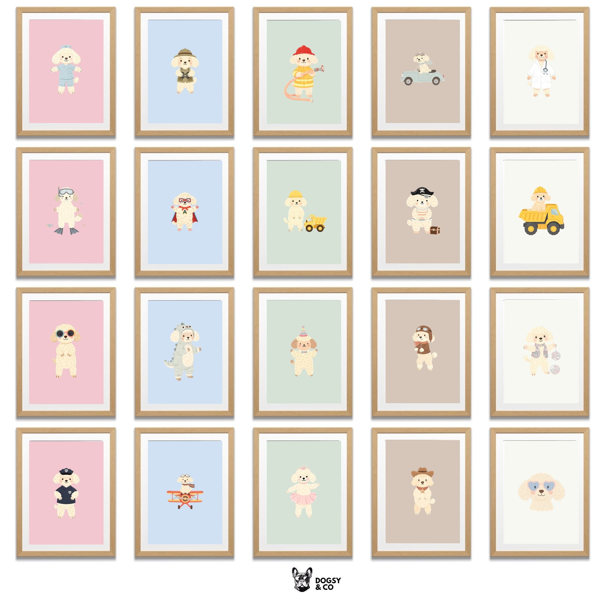 Poodle X Kids Nursery Wall Art Print Bundle — 22 Dog Costume Designs, 5 Colours, 6 Print Sizes | Digital Download