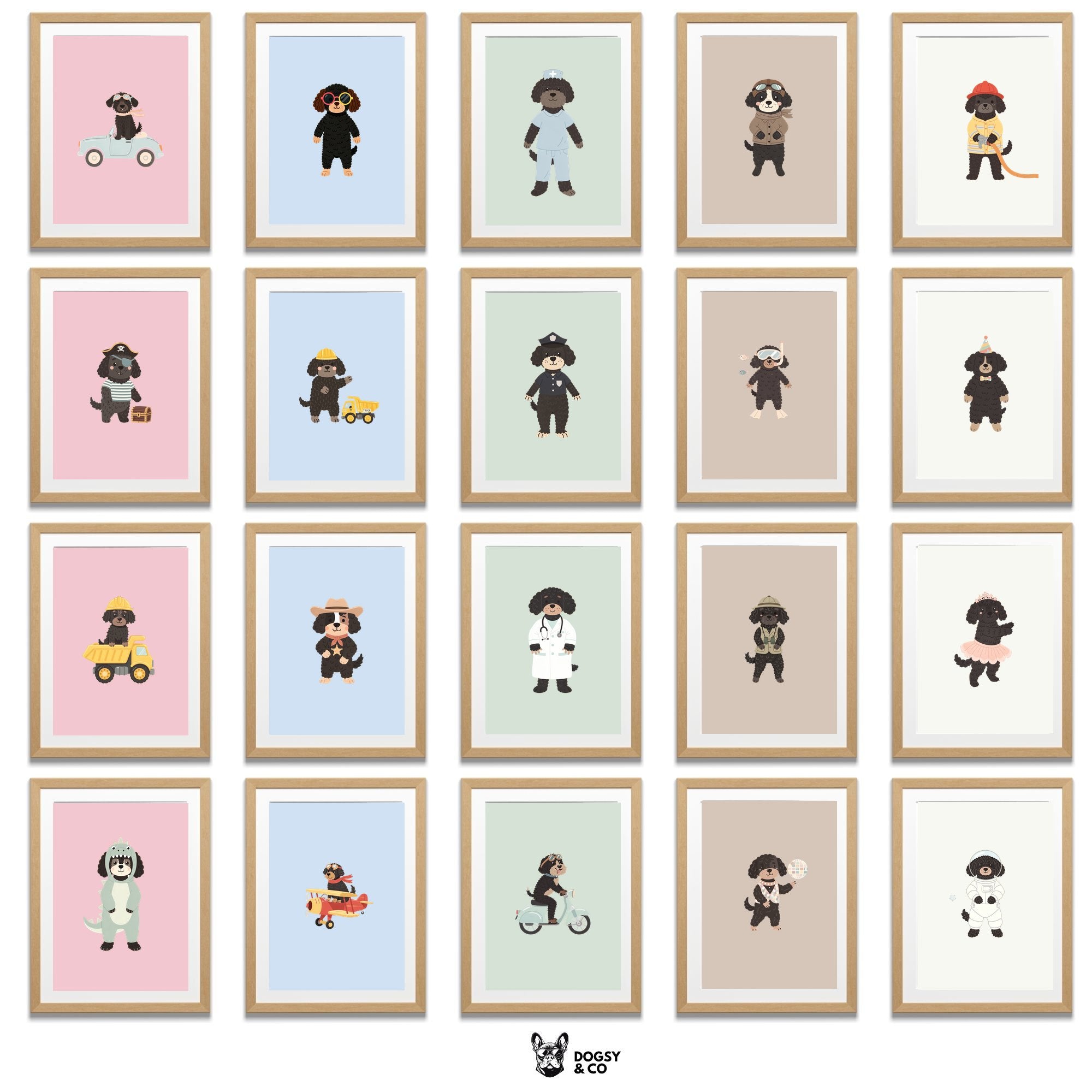 Portuguese Water Dog Kids Nursery Wall Art Print Bundle — 22 Dog Costume Designs, 5 Colours, 6 Print Sizes | Digital Download