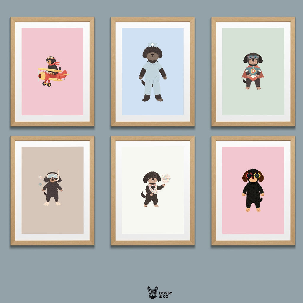 Portuguese Water Dog Kids Nursery Wall Art Print Bundle — 22 Dog Costume Designs, 5 Colours, 6 Print Sizes | Digital Download