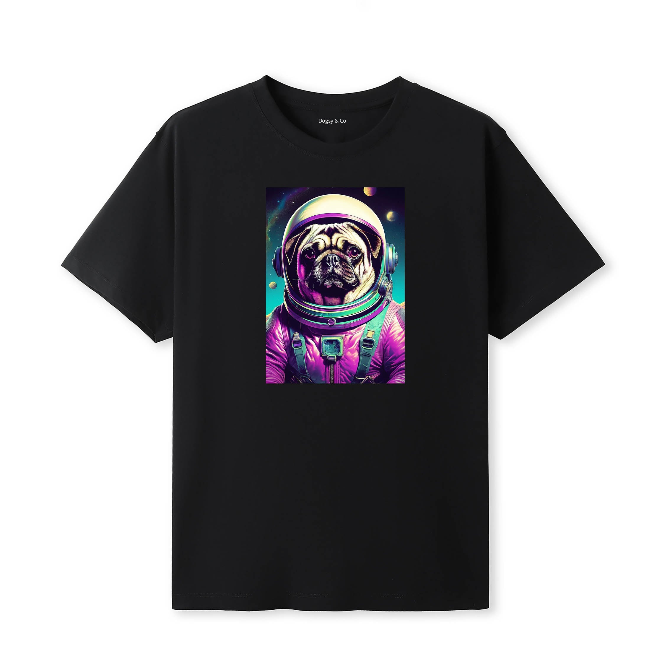 Pug Space Dogs T-Shirt colourful astronaut dog artwork in a retro space design