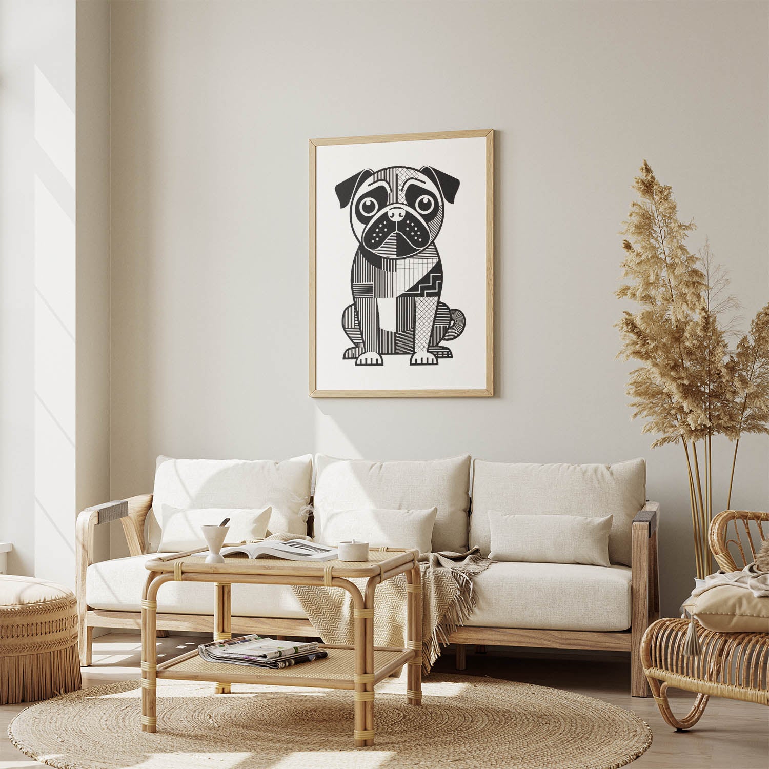 Pug Geometric Line Art Print - Framed Mockup