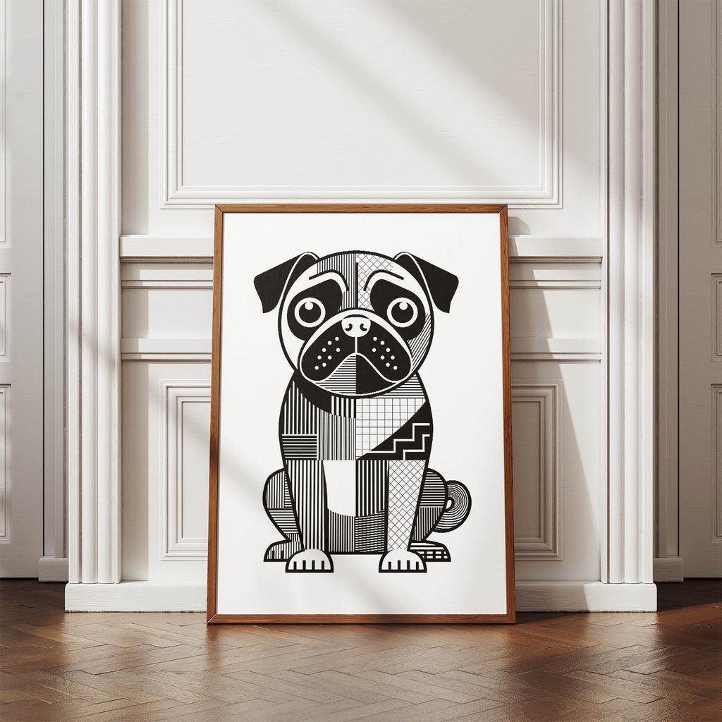 Pug Geometric Line Art Print - Framed Mockup