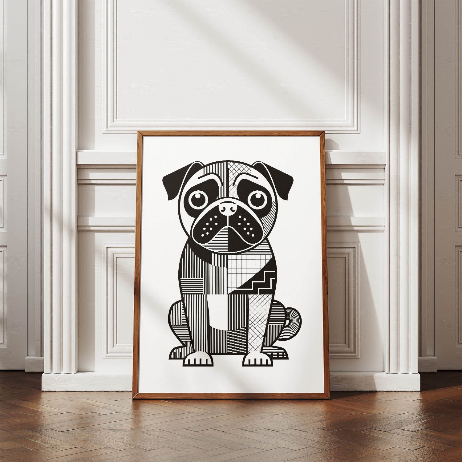 Pug Geometric Line Art Print - Framed Mockup