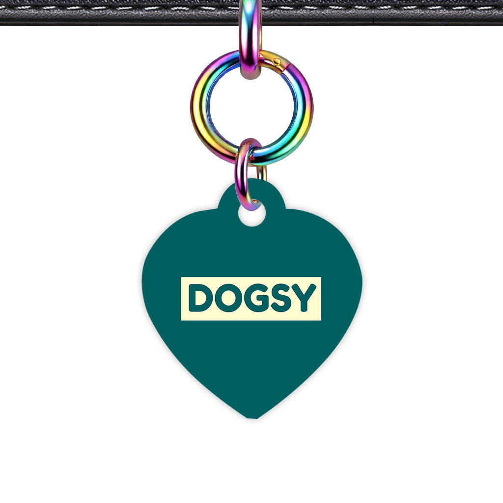 Dark Teal & Cream Heart Shape Rainbow Ring QR Smart Pet ID Tag