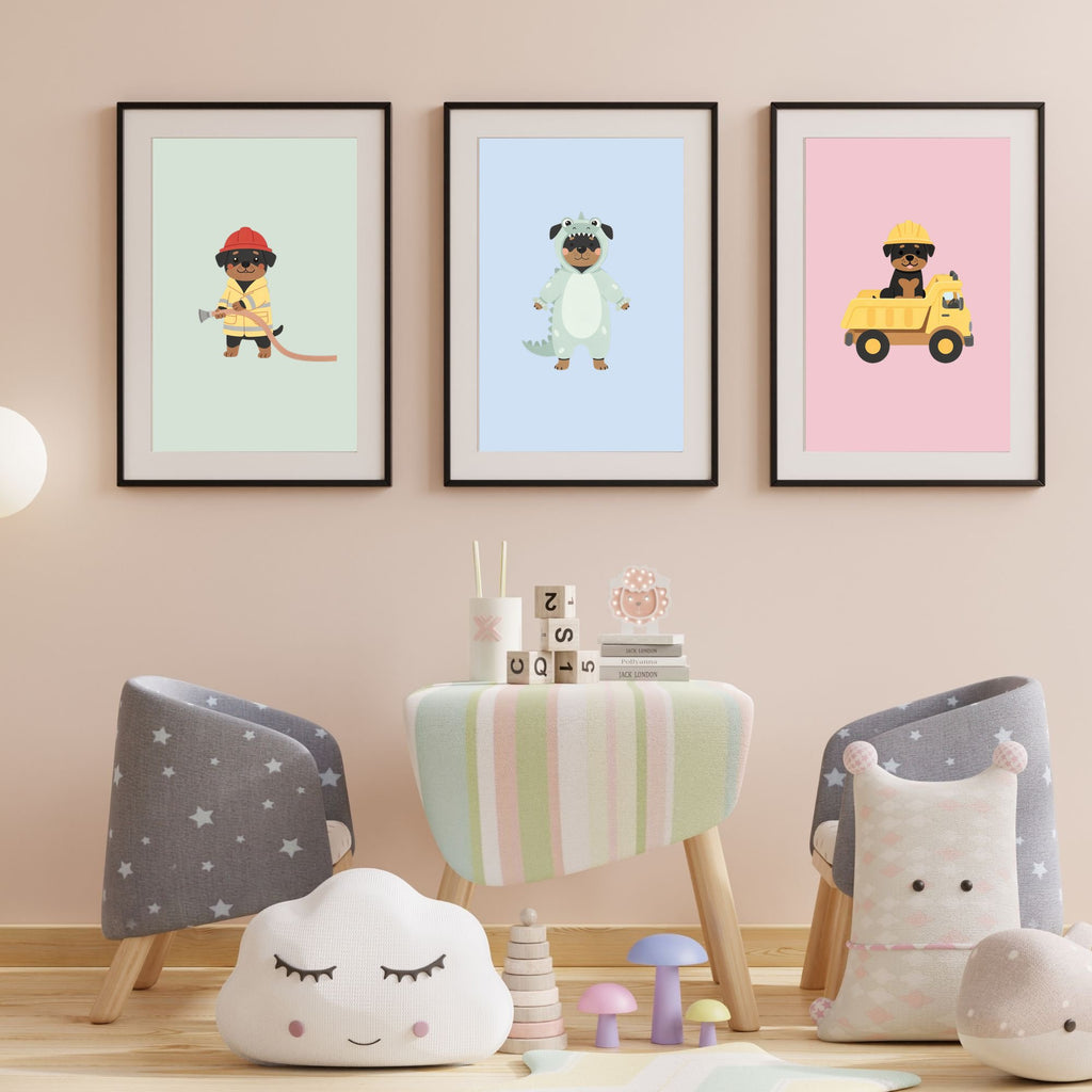 Rottweiler Kids Nursery Wall Art Print Bundle — 22 Dog Costume Designs, 5 Colours, 6 Print Sizes | Digital Download