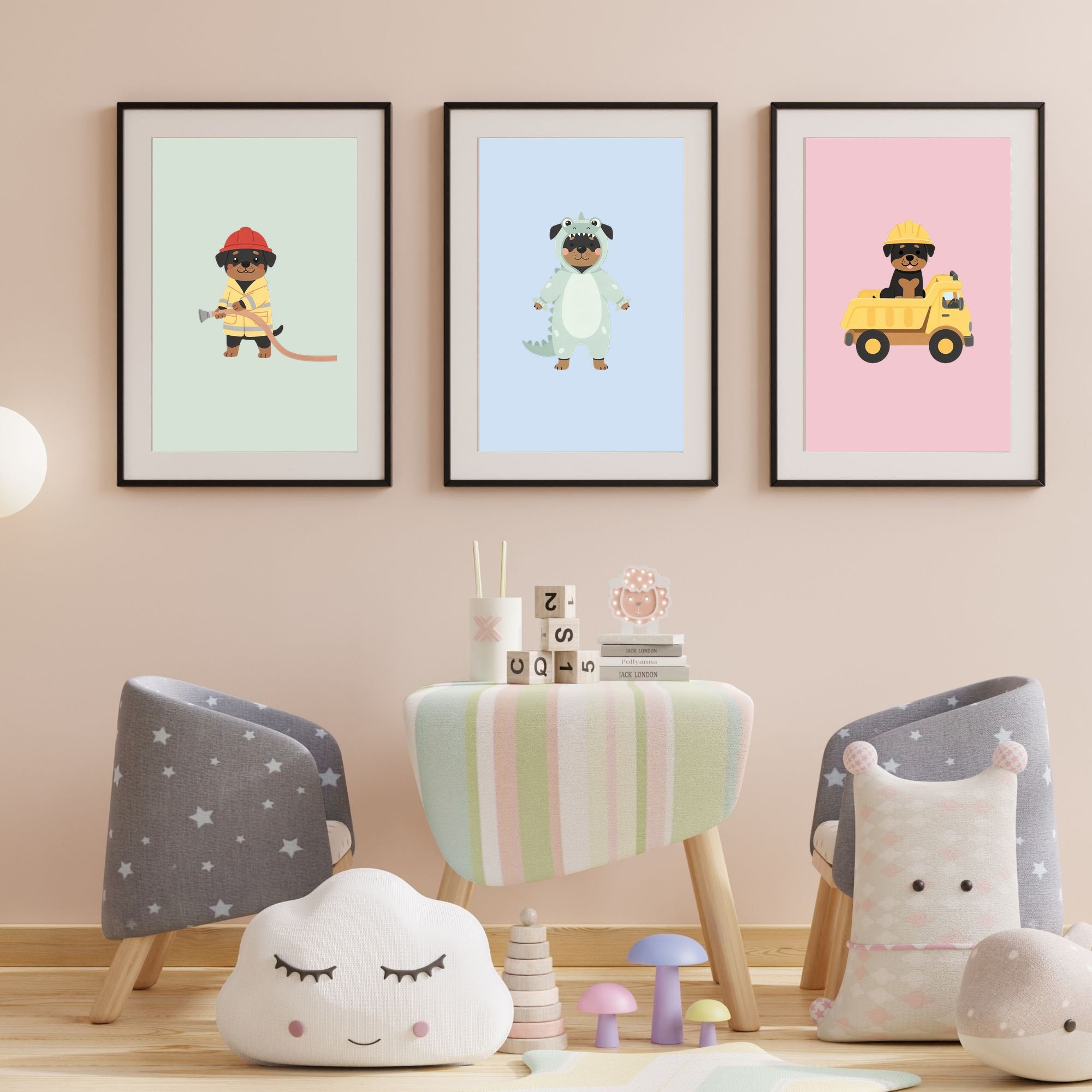Rottweiler Kids Nursery Wall Art Print Bundle — 22 Dog Costume Designs, 5 Colours, 6 Print Sizes | Digital Download