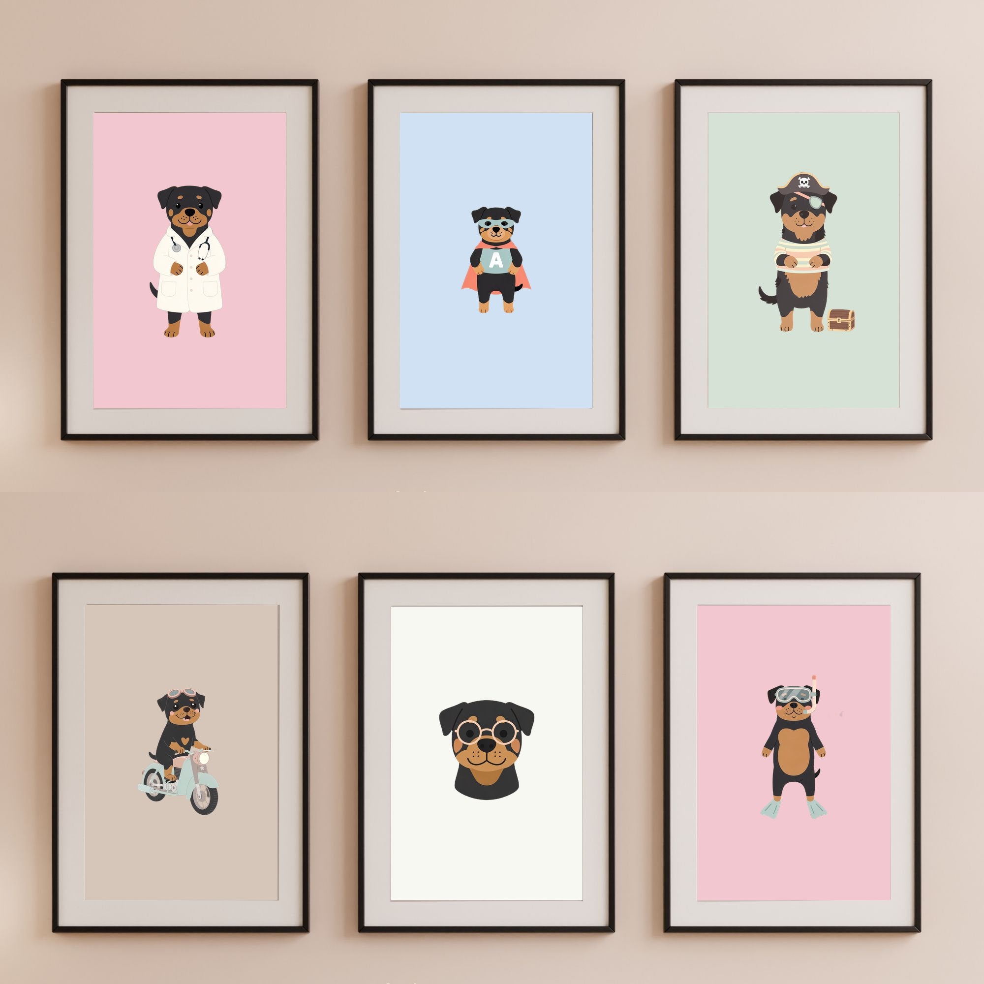 Rottweiler Kids Nursery Wall Art Print Bundle — 22 Dog Costume Designs, 5 Colours, 6 Print Sizes | Digital Download