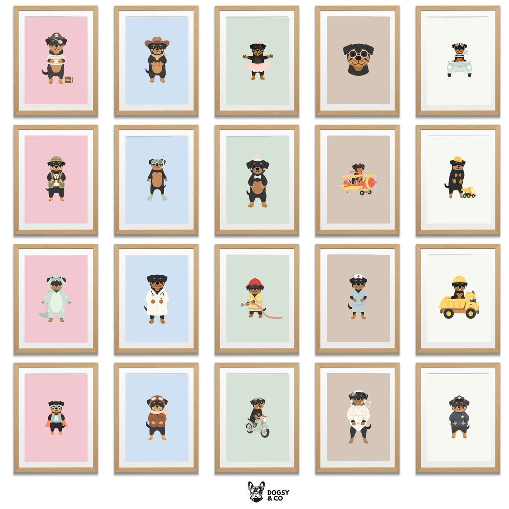 Rottweiler Kids Nursery Wall Art Print Bundle — 22 Dog Costume Designs, 5 Colours, 6 Print Sizes | Digital Download