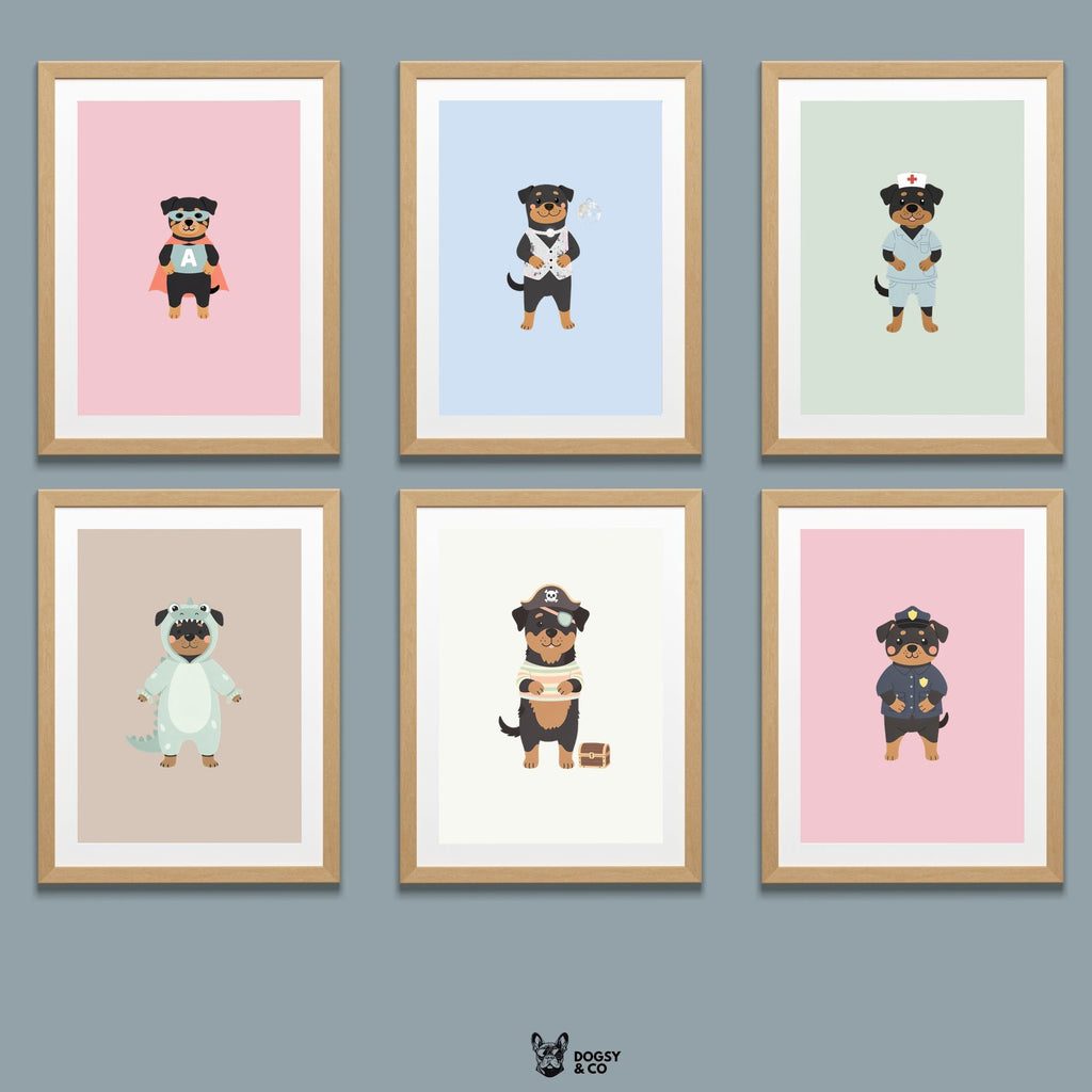 Rottweiler Kids Nursery Wall Art Print Bundle — 22 Dog Costume Designs, 5 Colours, 6 Print Sizes | Digital Download