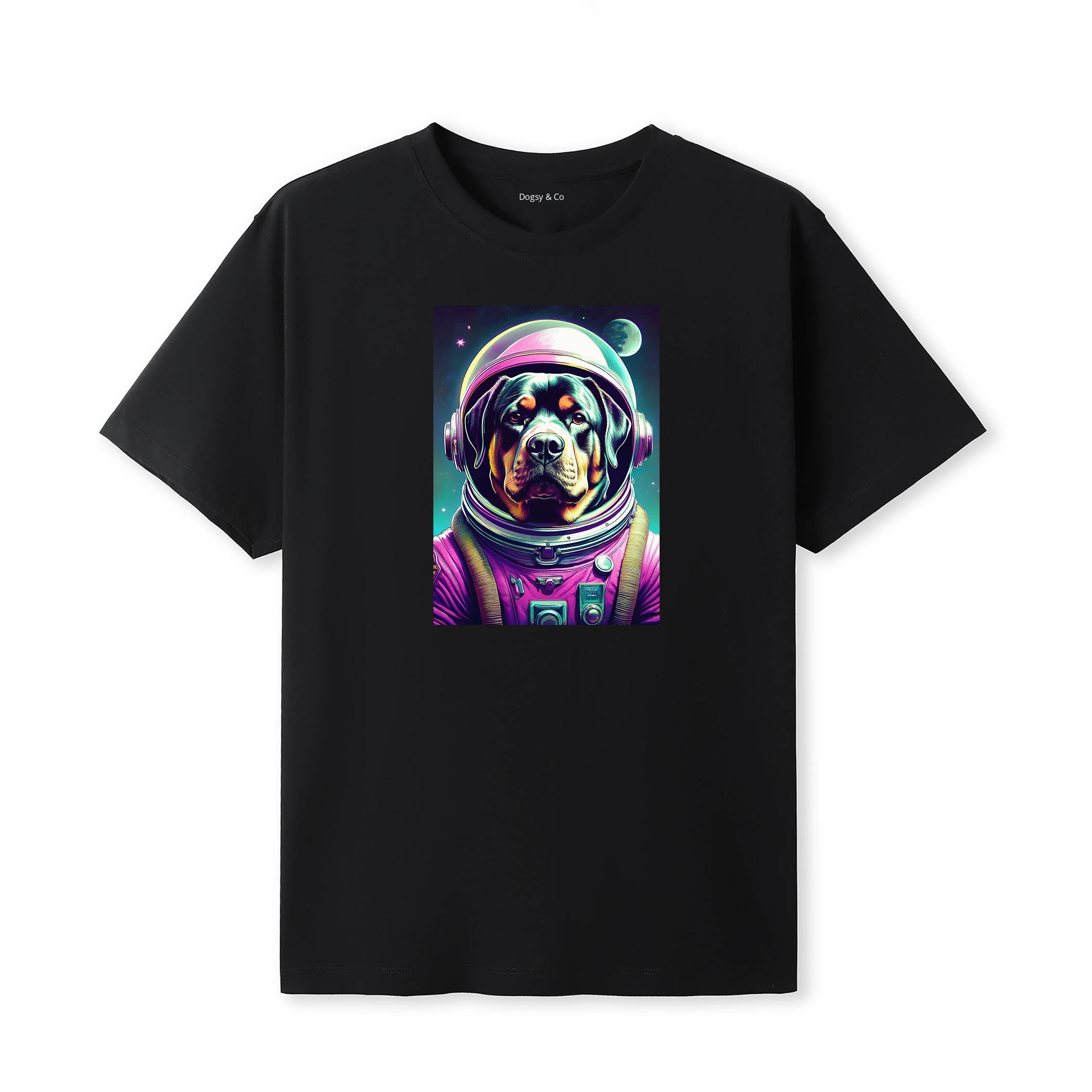 Rottweiler Space Dogs T-Shirt colourful astronaut dog artwork in a retro space design