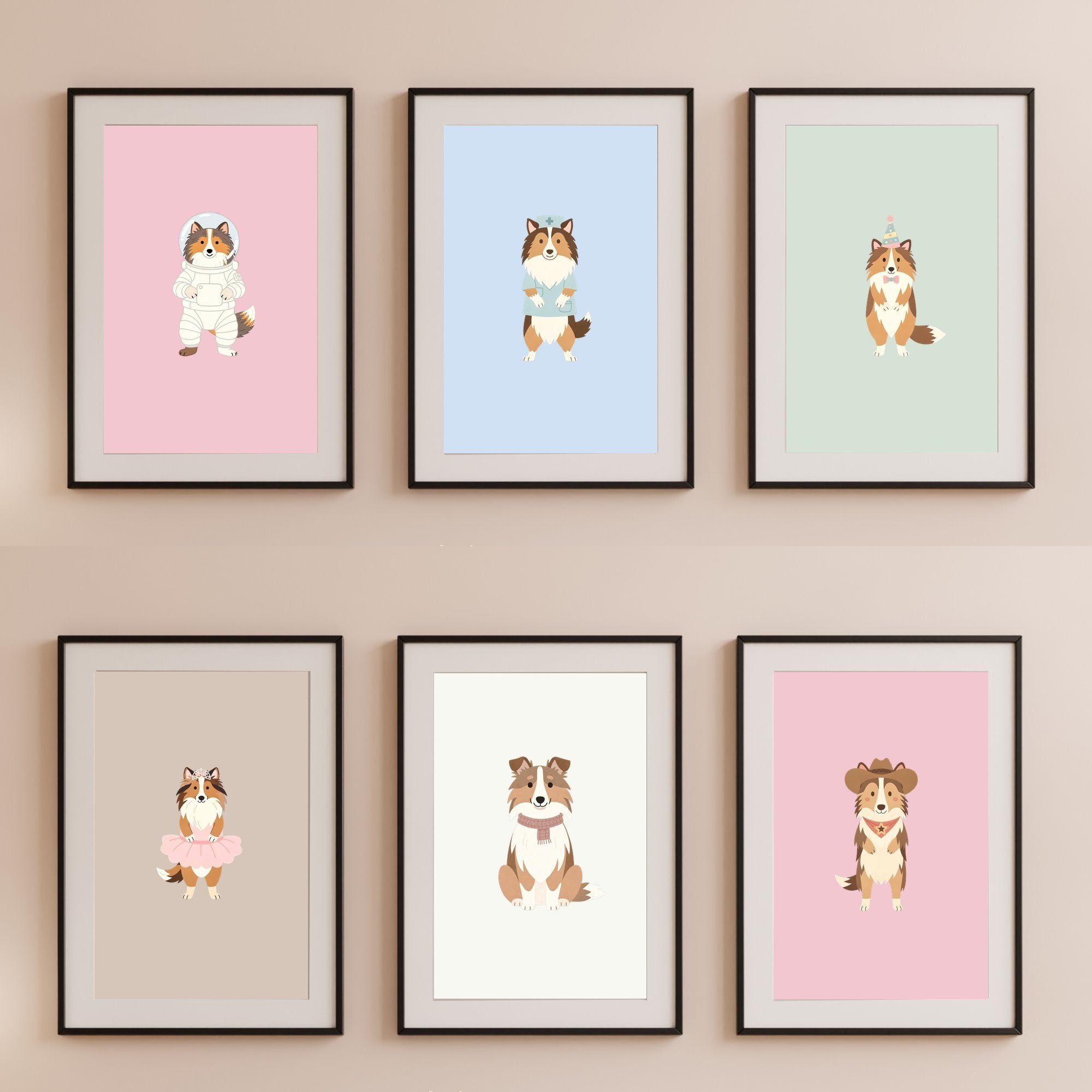 Rough Smooth Collie Kids Nursery Wall Art Print Bundle — 22 Dog Costume Designs, 5 Colours, 6 Print Sizes | Digital Download