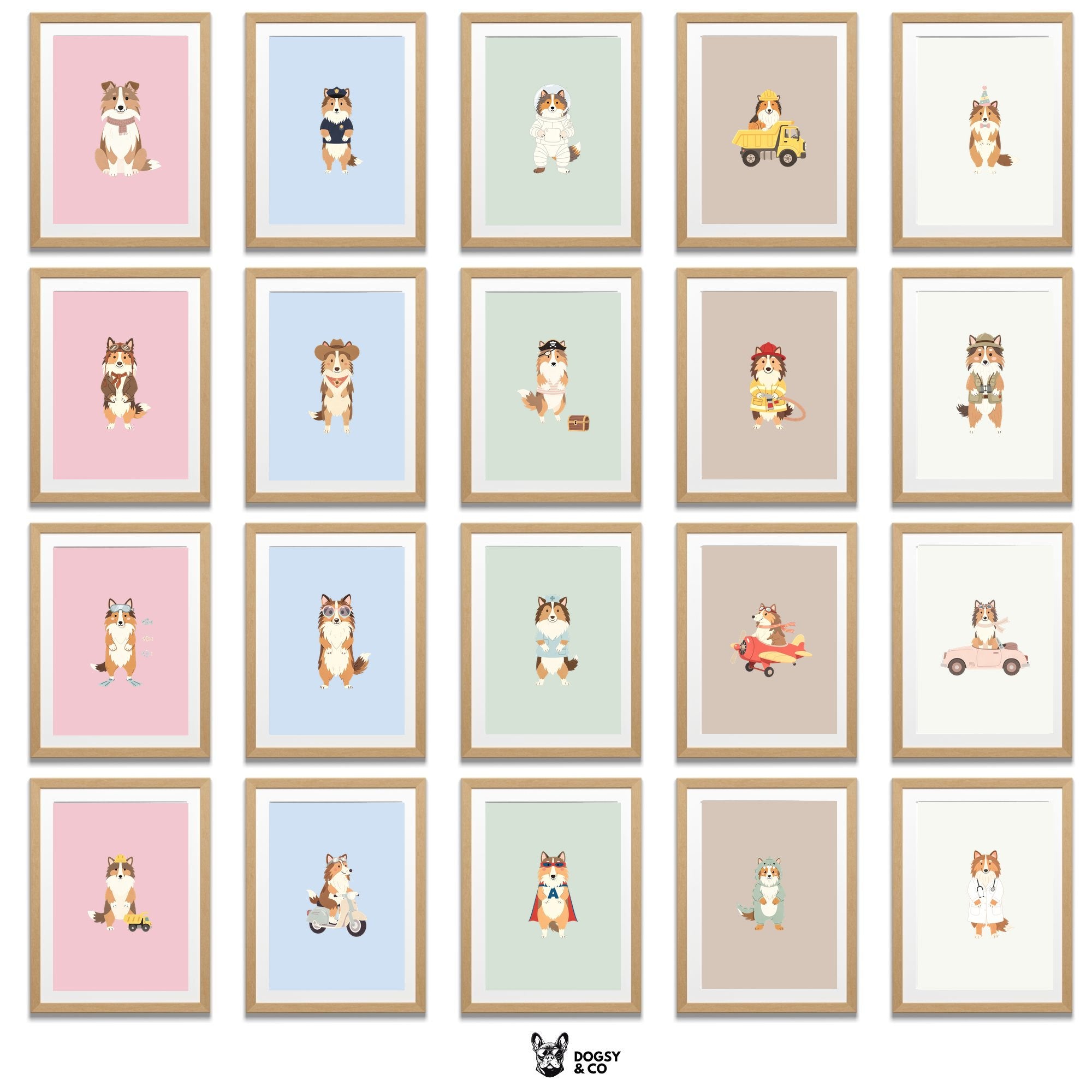 Rough Smooth Collie Kids Nursery Wall Art Print Bundle — 22 Dog Costume Designs, 5 Colours, 6 Print Sizes | Digital Download