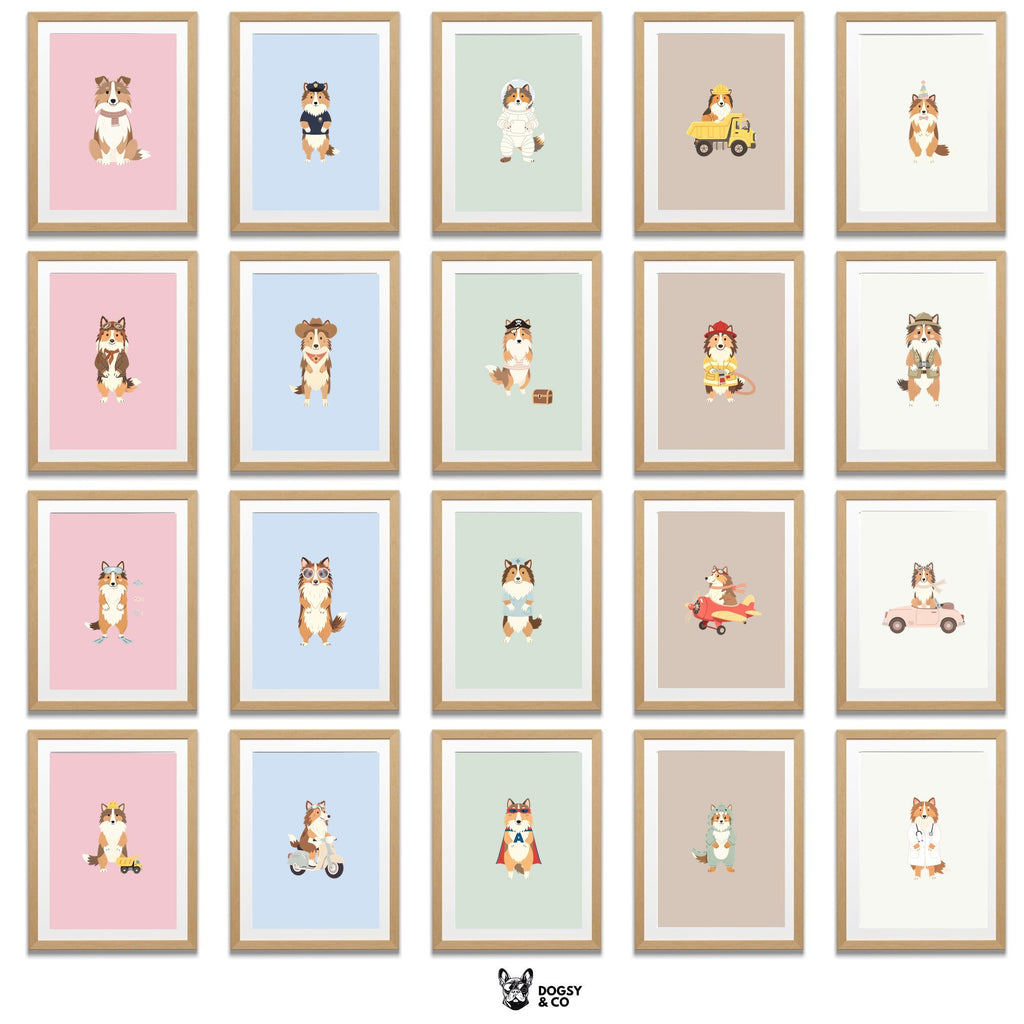 Rough Smooth Collie Kids Nursery Wall Art Print Bundle — 22 Dog Costume Designs, 5 Colours, 6 Print Sizes | Digital Download
