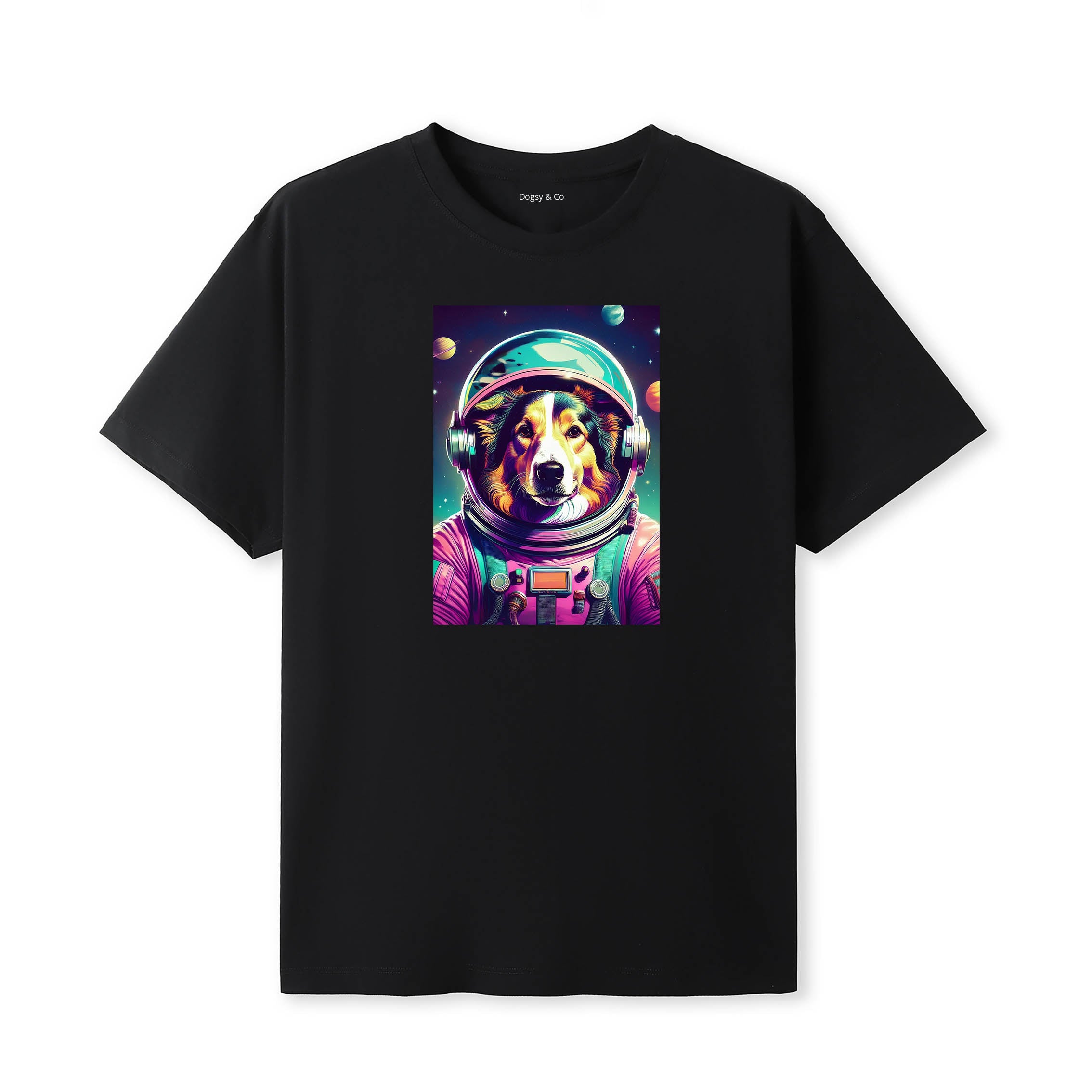 Rough Smooth Collie Space Dogs T-Shirt colourful astronaut dog artwork in a retro space design