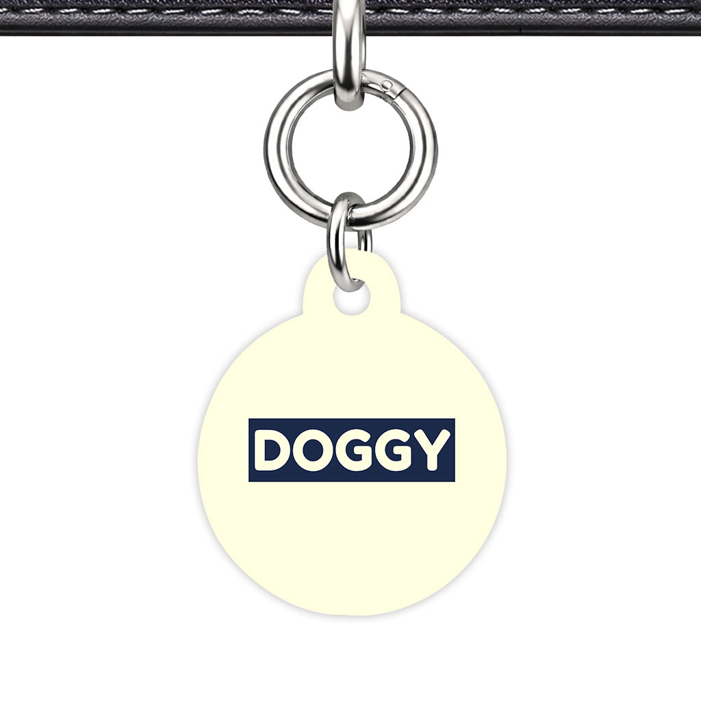 Pale Yellow & Navy Circle Shape Silver Ring Classic Pet ID Tag