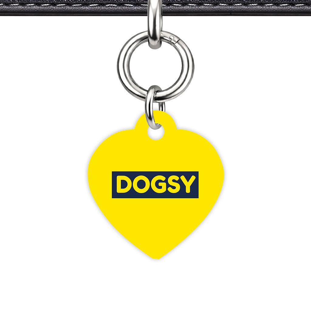 Bright Yellow & Navy Heart Shape Silver Ring Classic Pet ID Tag