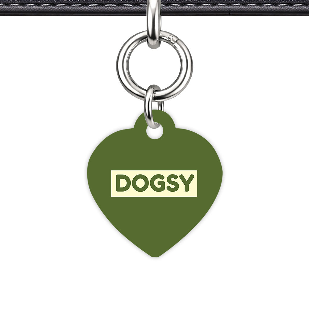 Dark Olive & Cream Heart Shape Silver Ring Classic Pet ID Tag