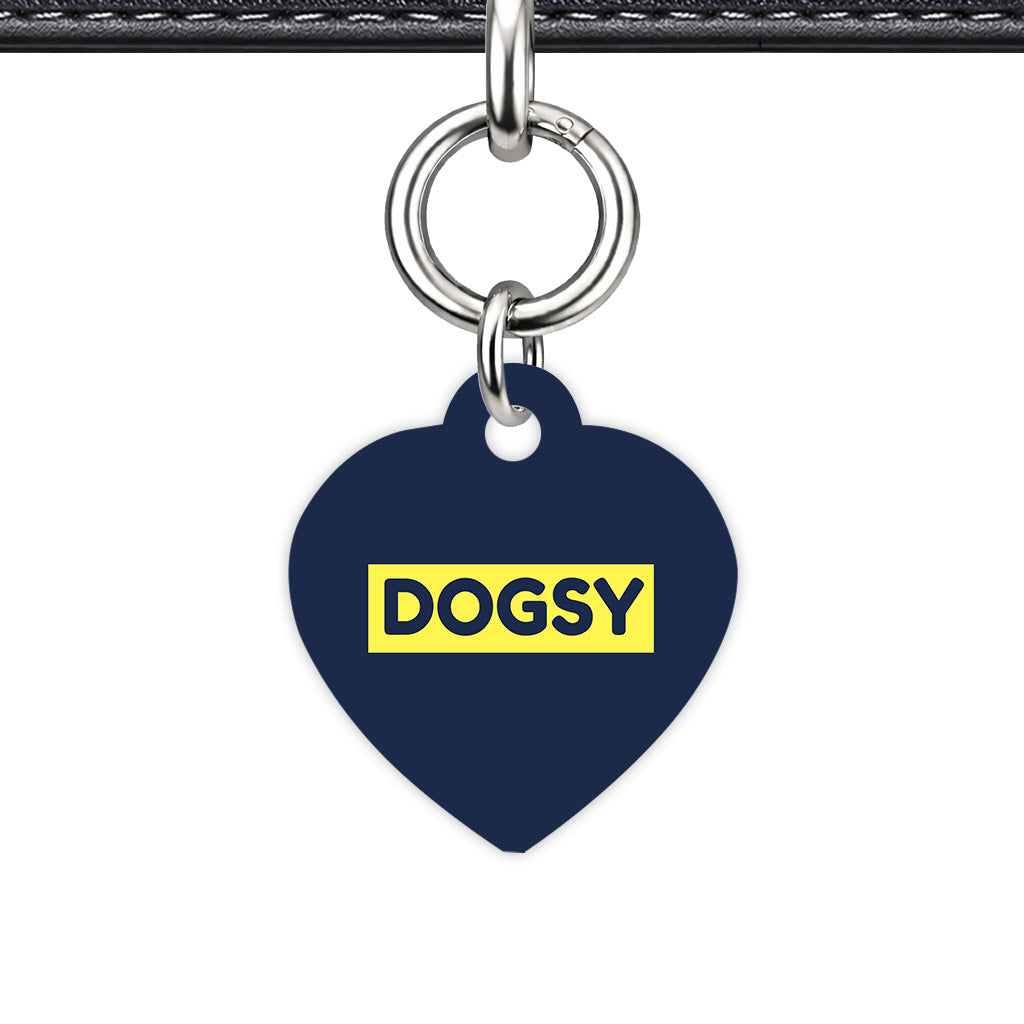 Navy & Lemon Yellow Heart Shape Silver Ring Classic Pet ID Tag