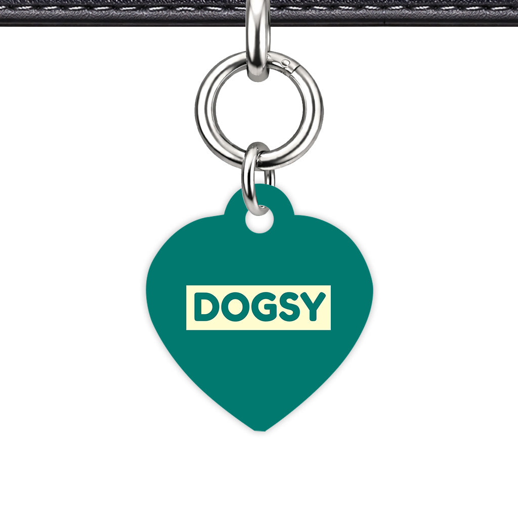 Pine Green & Cream Heart Shape Silver Ring Classic Pet ID Tag