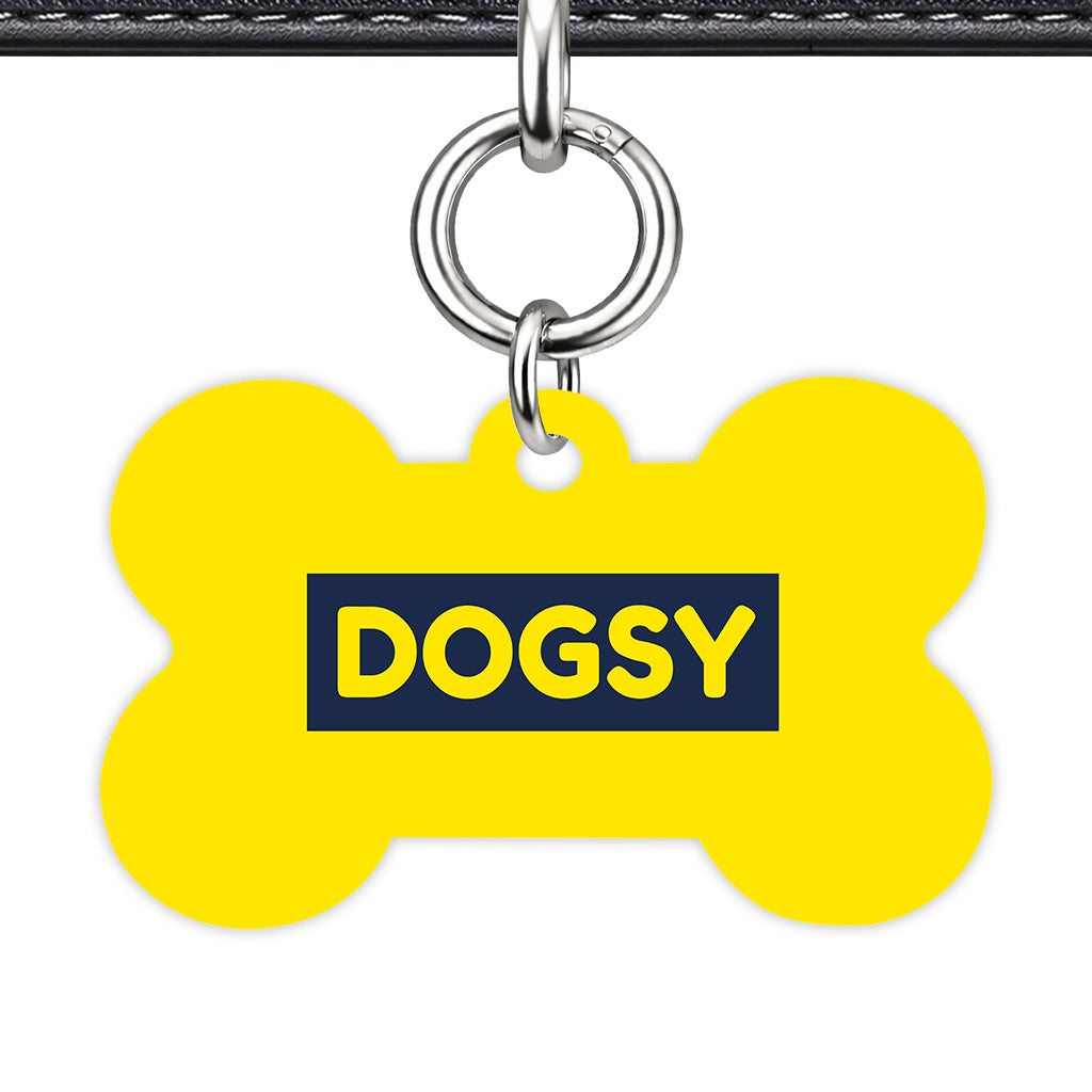 Bright Yellow & Navy Bone Shape Silver Ring QR Smart Pet ID Tag