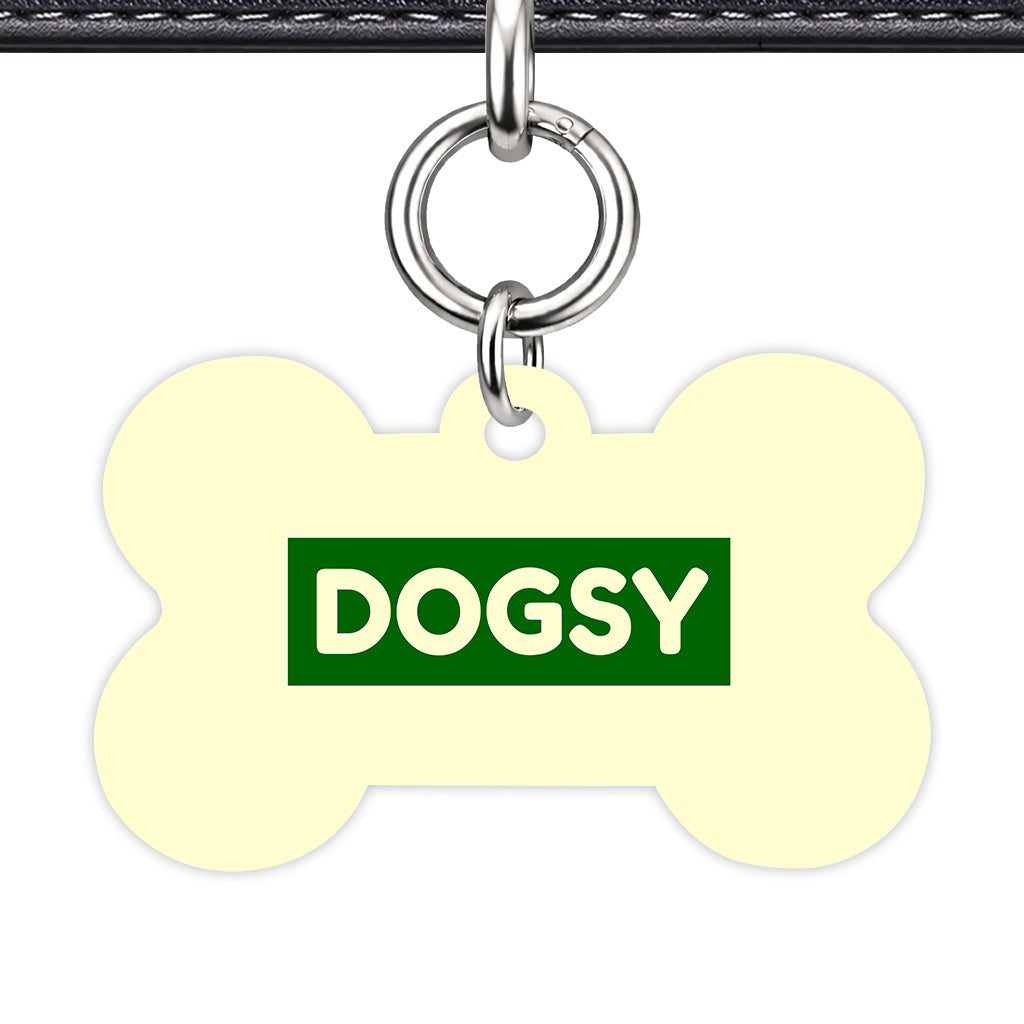 Cream & Dark Green Bone Shape Silver Ring QR Smart Pet ID Tag