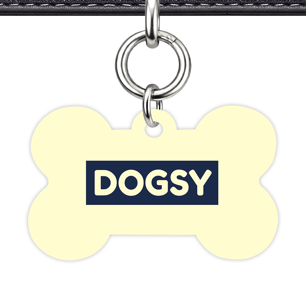 Cream & Navy Bone Shape Silver Ring QR Smart Pet ID Tag