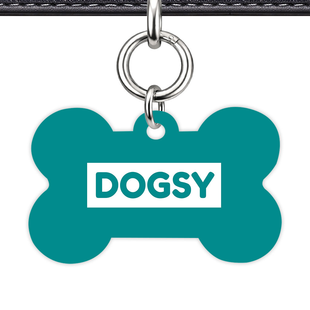 Dark Cyan & White Bone Shape Silver Ring QR Smart Pet ID Tag