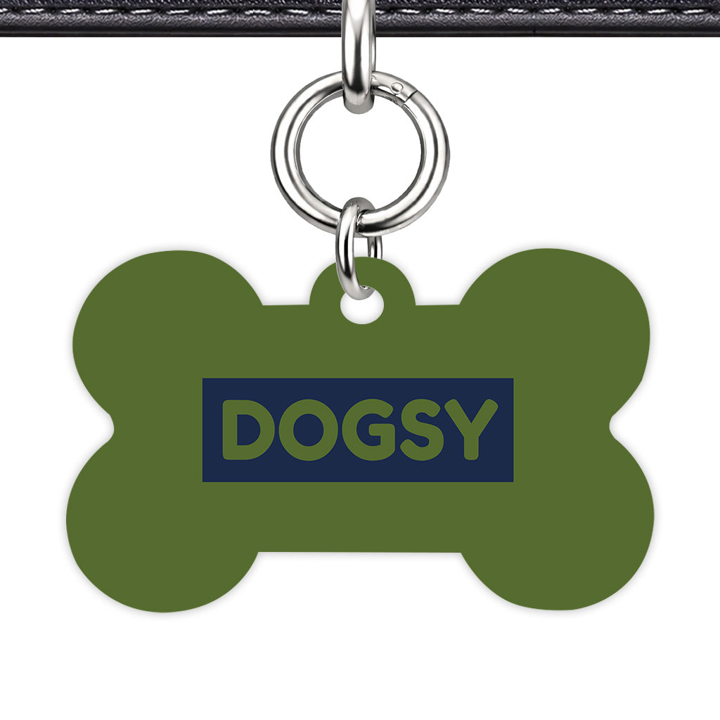 Dark Olive & Cream Bone Shape Silver Ring Classic Pet ID Tag