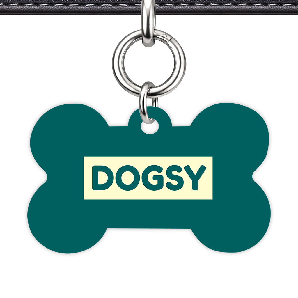 Dark Teal & Cream Bone Shape Silver Ring Classic Pet ID Tag