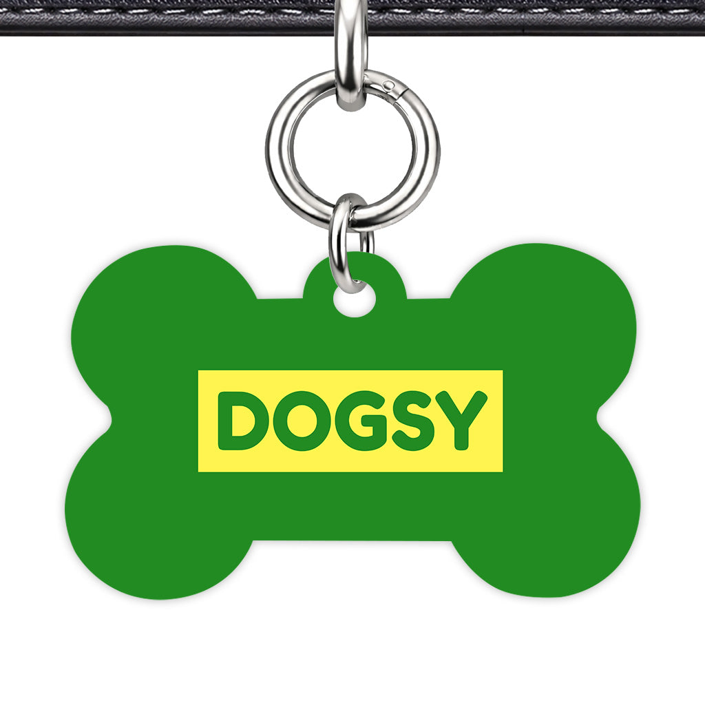 Forest Green & Lemon Bone Shape Silver Ring QR Smart Pet ID Tag