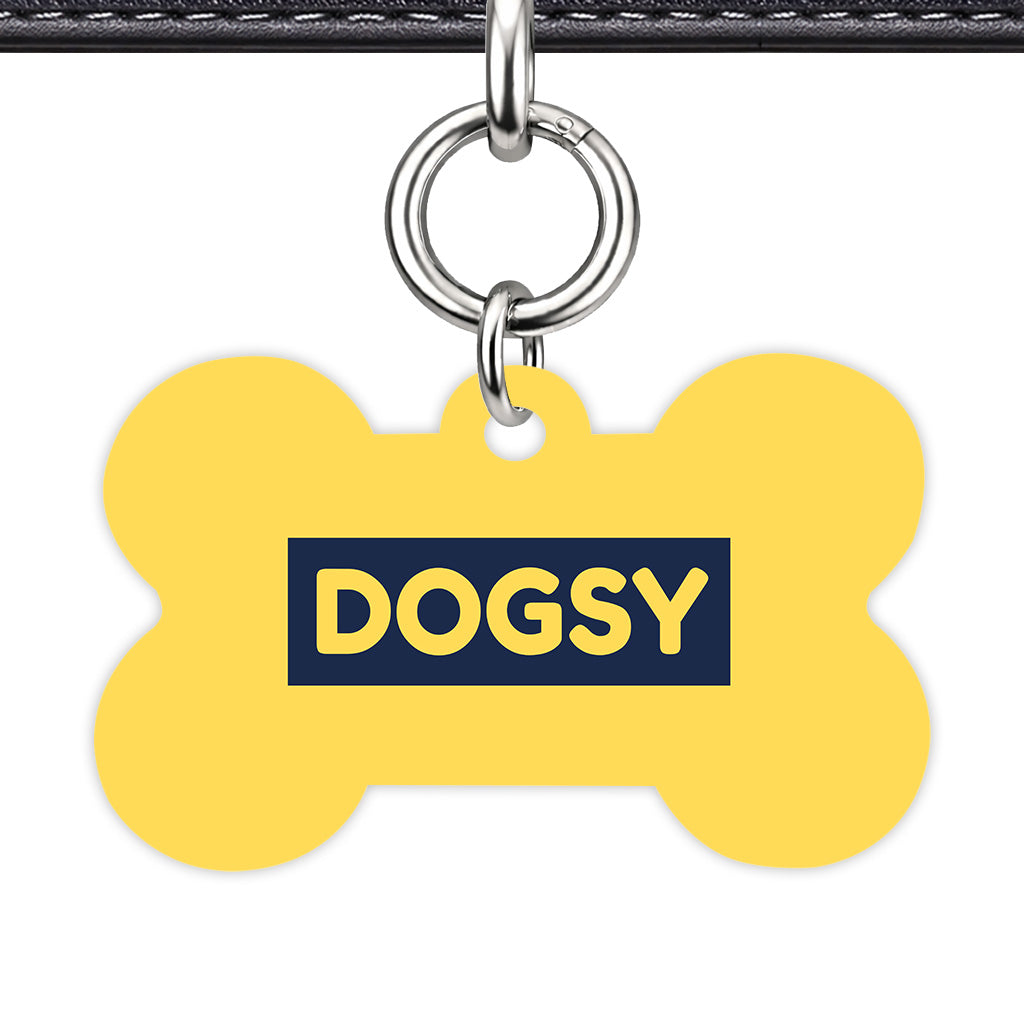 Mustard & Navy Bone Shape Silver Ring Classic Pet ID Tag
