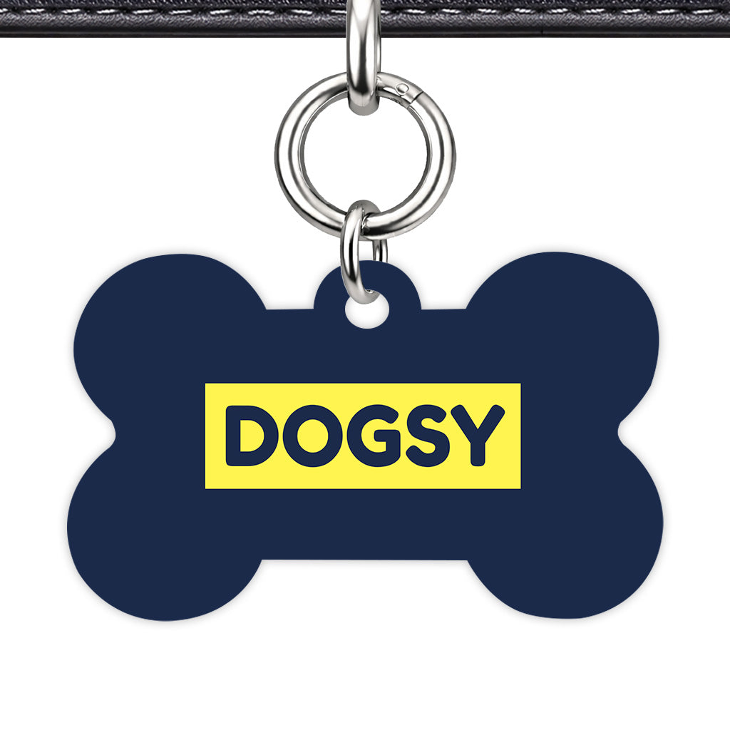 Navy & Lemon Yellow Bone Shape Silver Ring Classic Pet ID Tag
