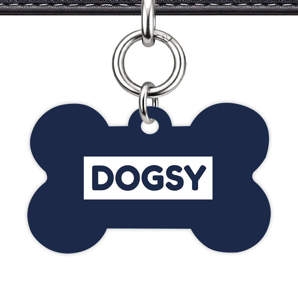 Navy & White Bone Shape Silver Ring QR Smart Pet ID Tag