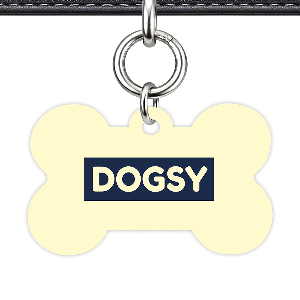 Soft Lemon & Navy Bone Shape Silver Ring QR Smart Pet ID Tag