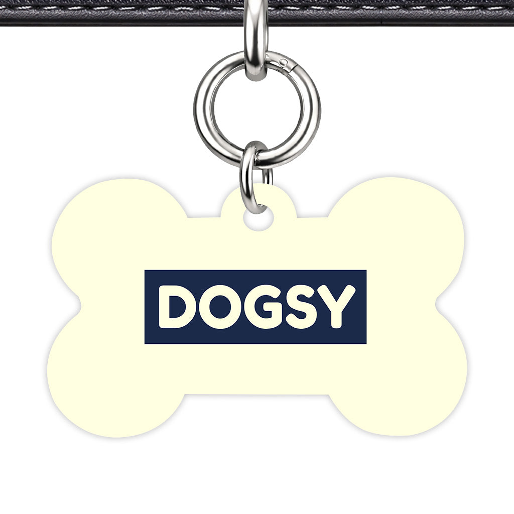 Pale Yellow & Navy Bone Shape Silver Ring Classic Pet ID Tag