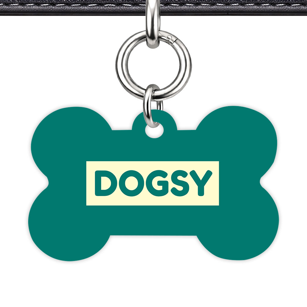 Pine Green & Cream Bone Shape Silver Ring QR Smart Pet ID Tag