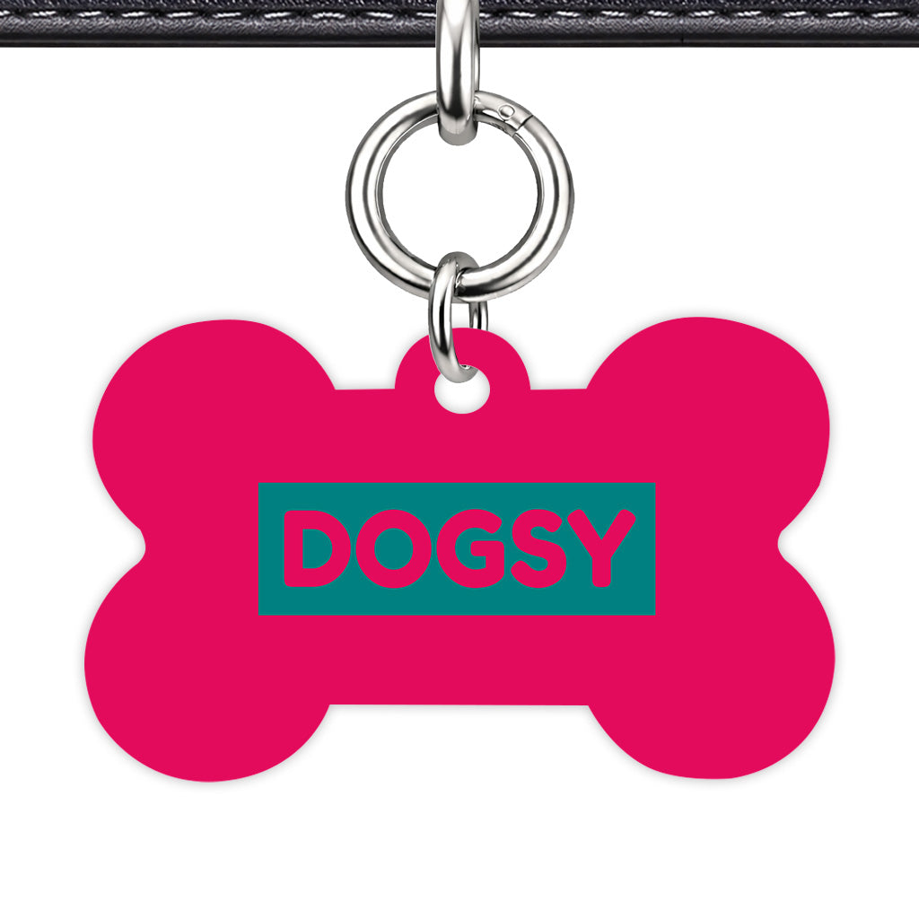 Raspberry & Teal Bone Shape Silver Ring QR Smart Pet ID Tag