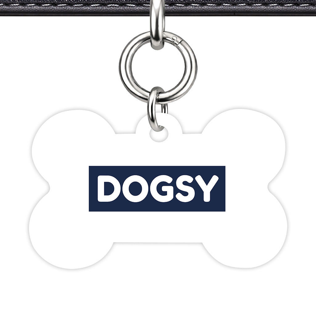 White & Navy Bone Shape Silver Ring QR Smart Pet ID Tag